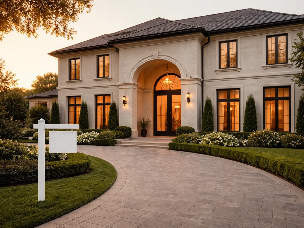 Upscale residential facade at golden hour, symbolizing real estate value factors.