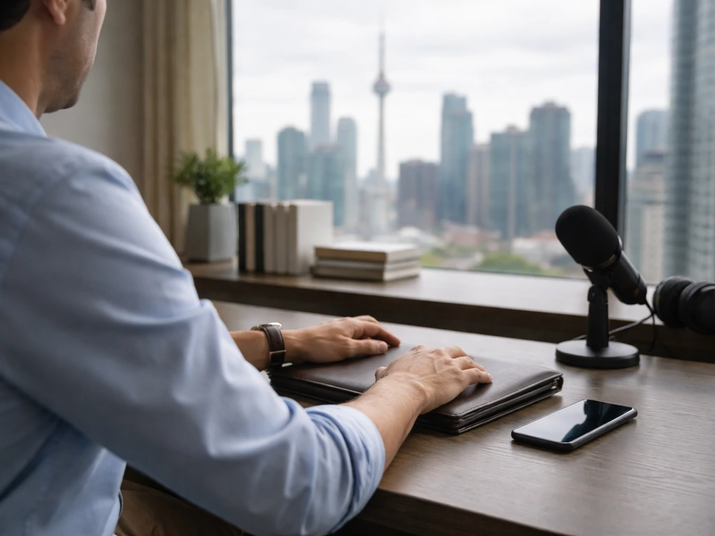 Unidentifiable person in a Toronto office at a desk with business items and a microphone, symbolic investing vibe.