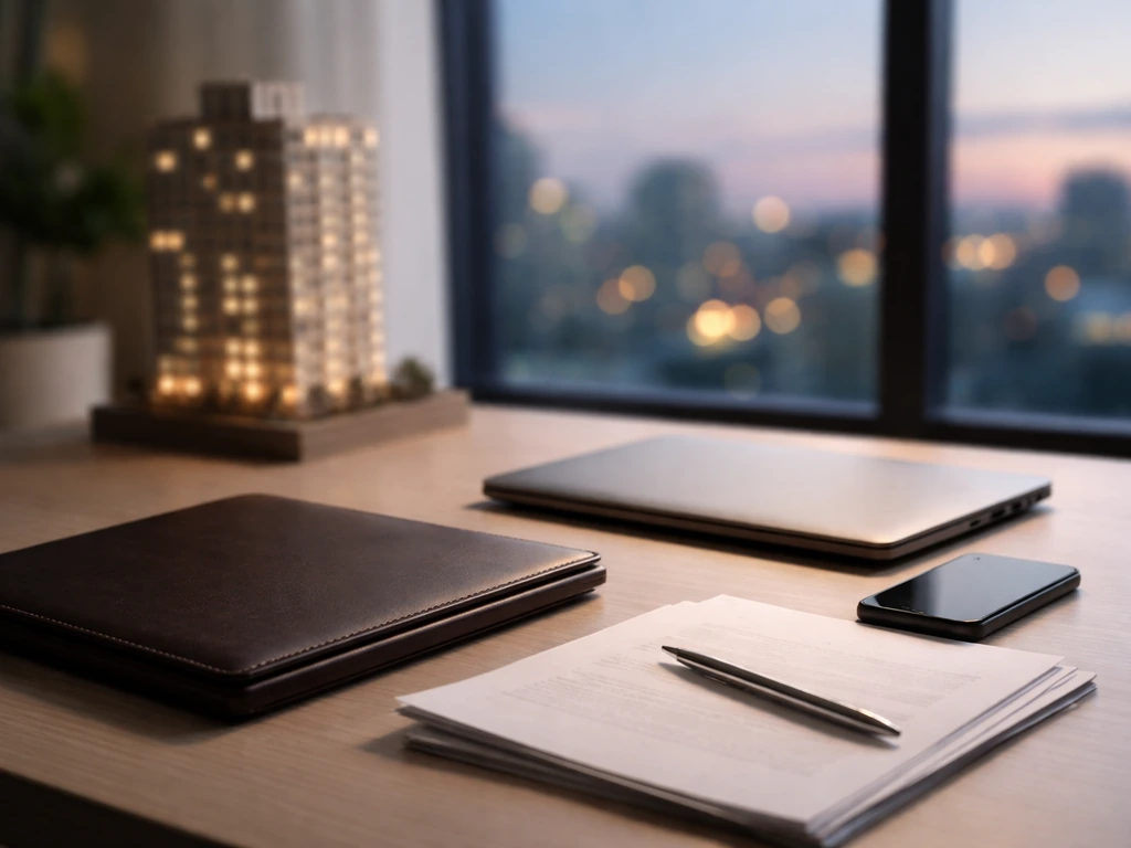Minimal office desk scene symbolizing net worth research and real estate finance
