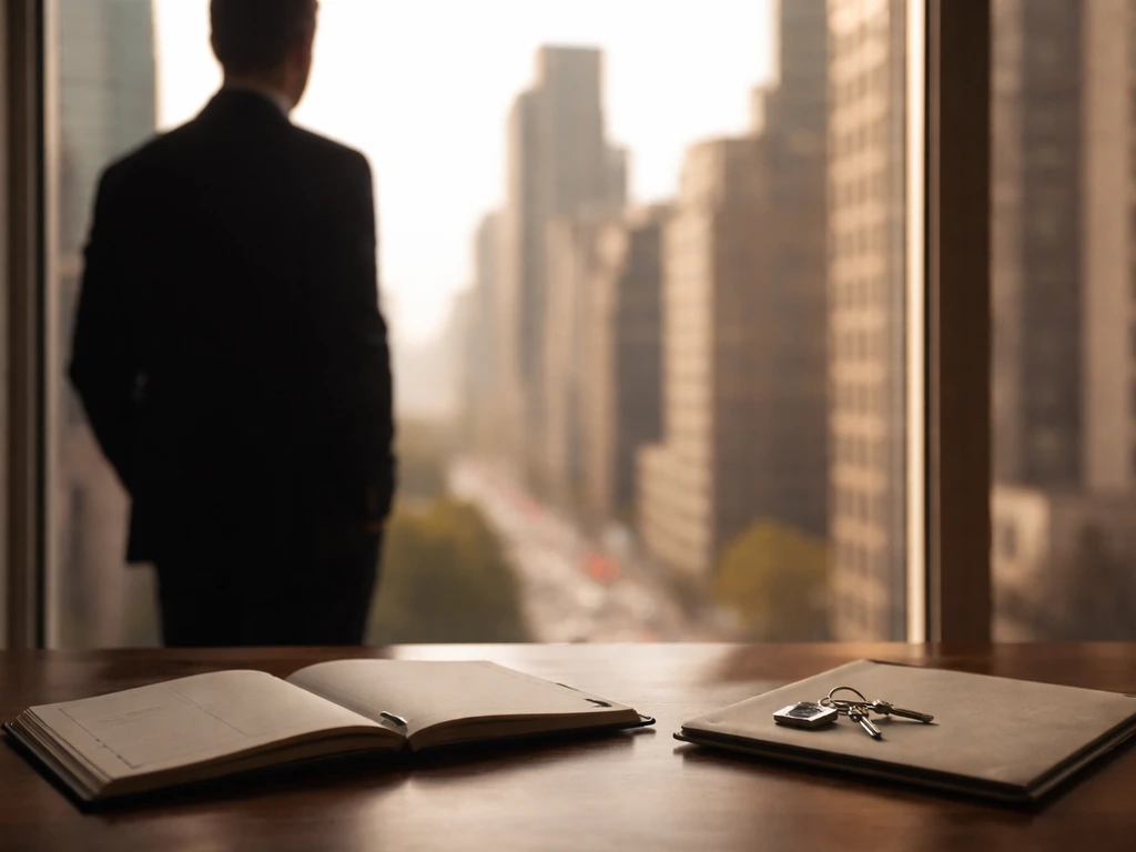 Anonymous figure at a desk with property keys and a city view, suggesting real-estate valuation and records.