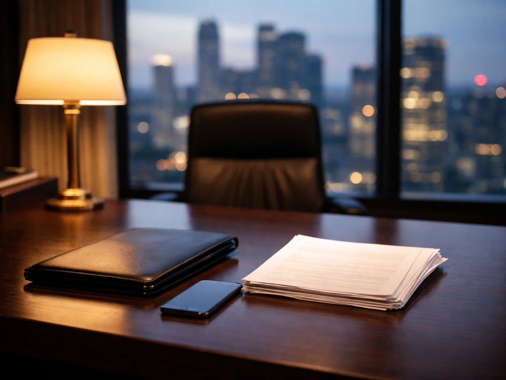 Executive finance office scene with a banker-style desk, documents, and a blurred city skyline at dusk