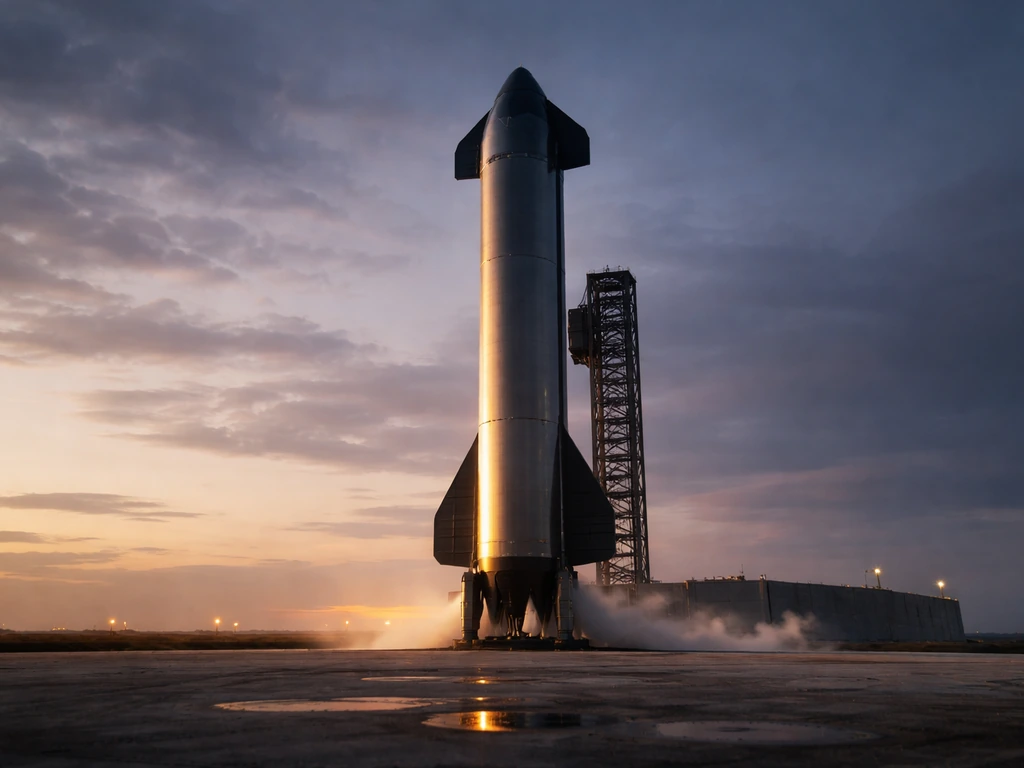 SpaceX Starship rocket on the launch pad at dusk, cinematic minimal scene hinting at private equity value.