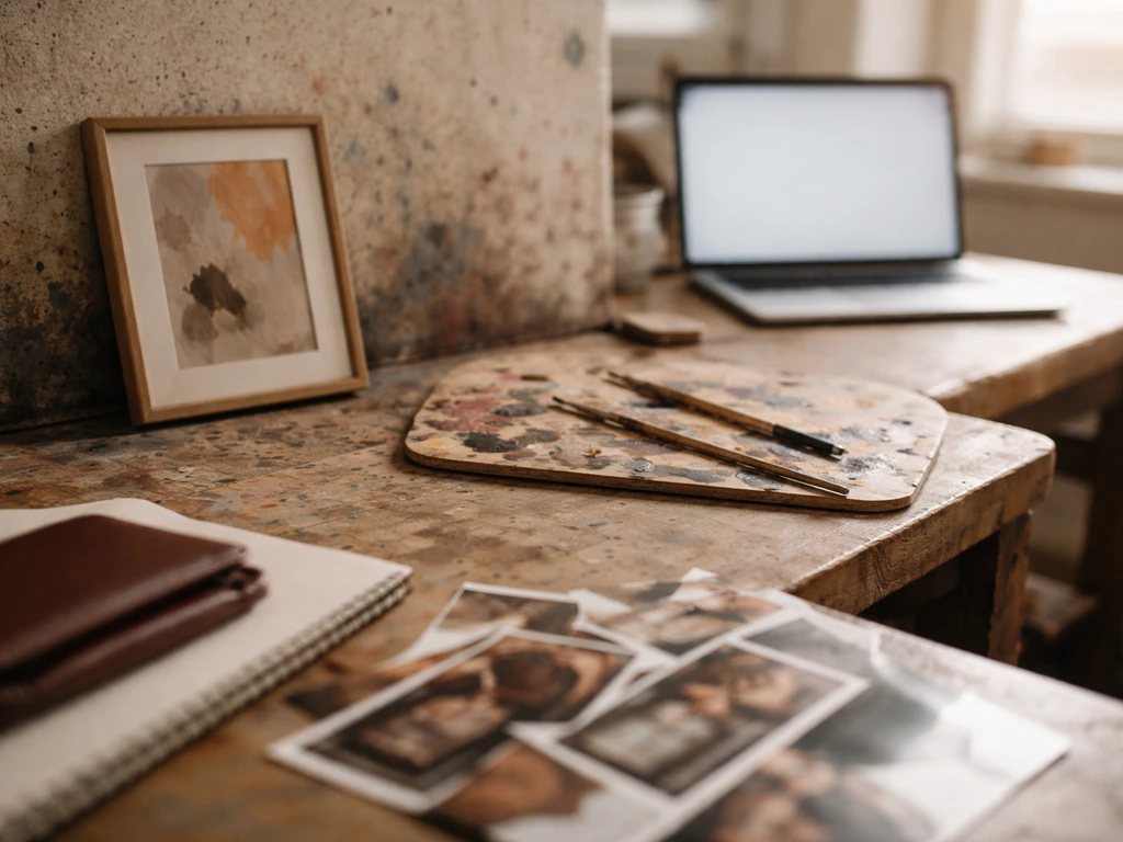 Artist studio desk with abstract artwork, brushes, and a wallet symbolizing net worth research