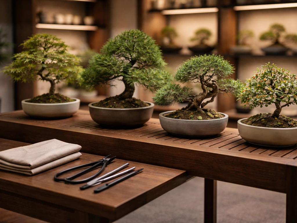 Close-up of a high-end bonsai display bench with tools, suggesting a niche luxury bonsai business