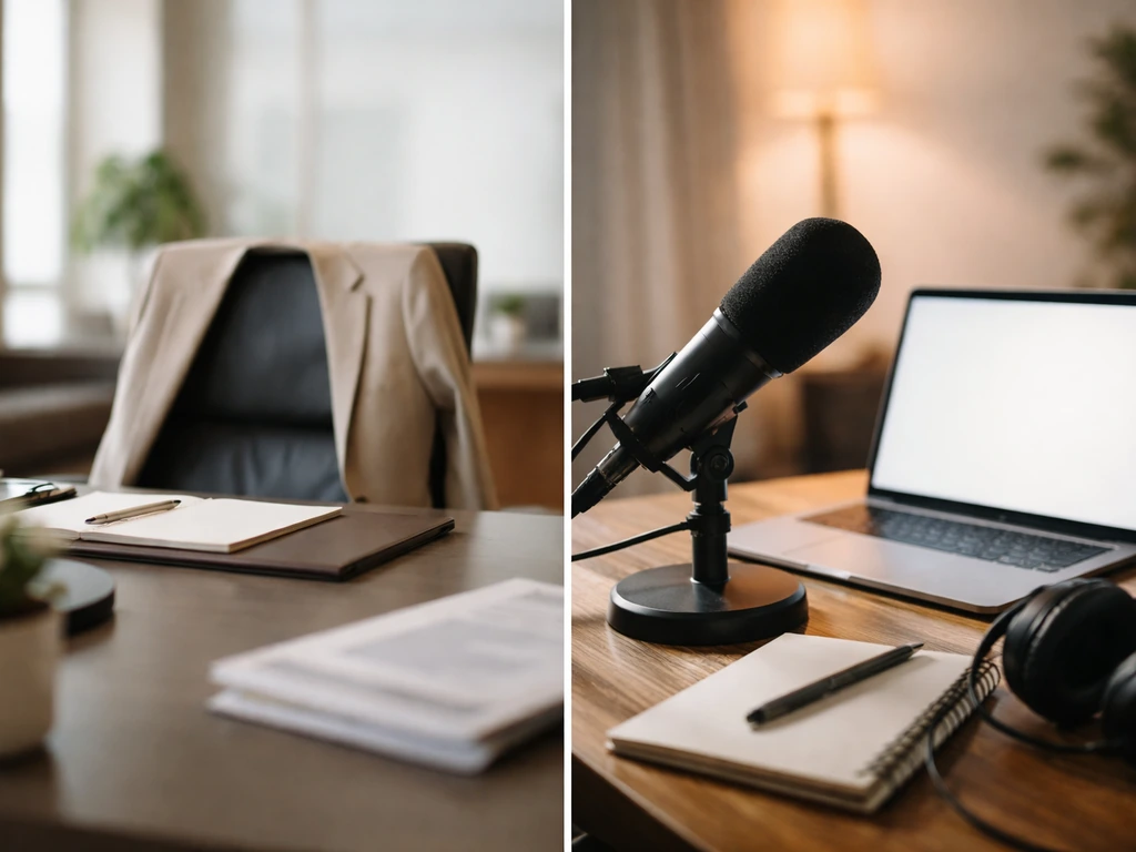 Split-style image with corporate office and podcast/media desk symbolizing two different “Nick Burrello” contexts