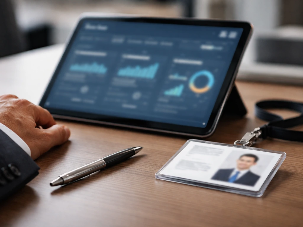 Close-up of a blurred finance dashboard on a tablet beside a generic executive credential badge