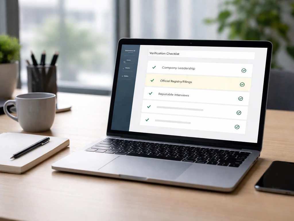 Minimal desk scene with laptop displaying a highlighted checklist-style verification workflow, no visible text.