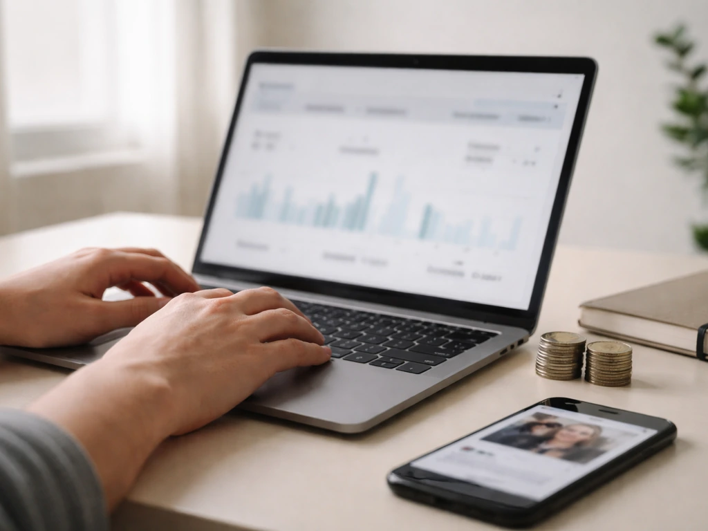 Close-up of a laptop showing blurred video thumbnails and muted analytics, with a smartphone beside it