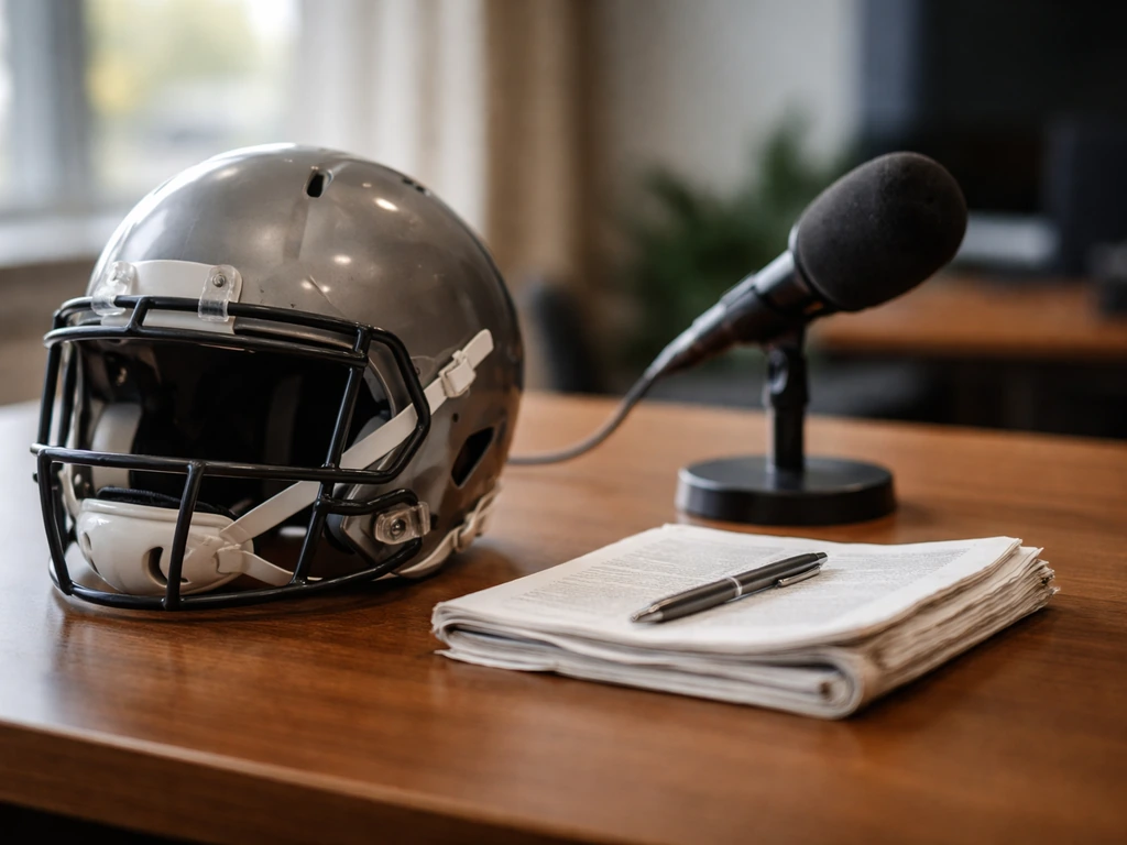 Cinematic photo of an anonymous NFL quarterback helmet and playbook on a desk beside a phone