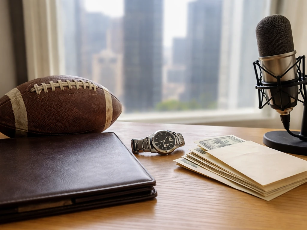 Minimal desk scene with football, cash envelopes, portfolio, and microphone beside a window with blurred city view.