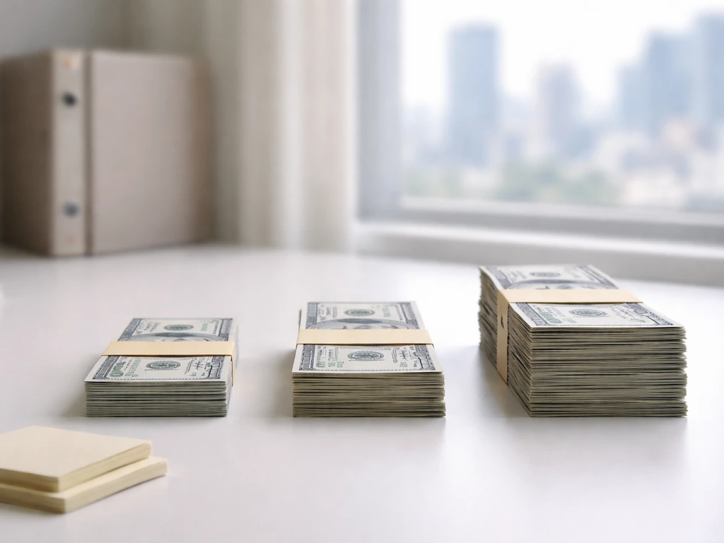 Three small stacks of cash on a desk, symbolizing differing net worth estimates side by side.