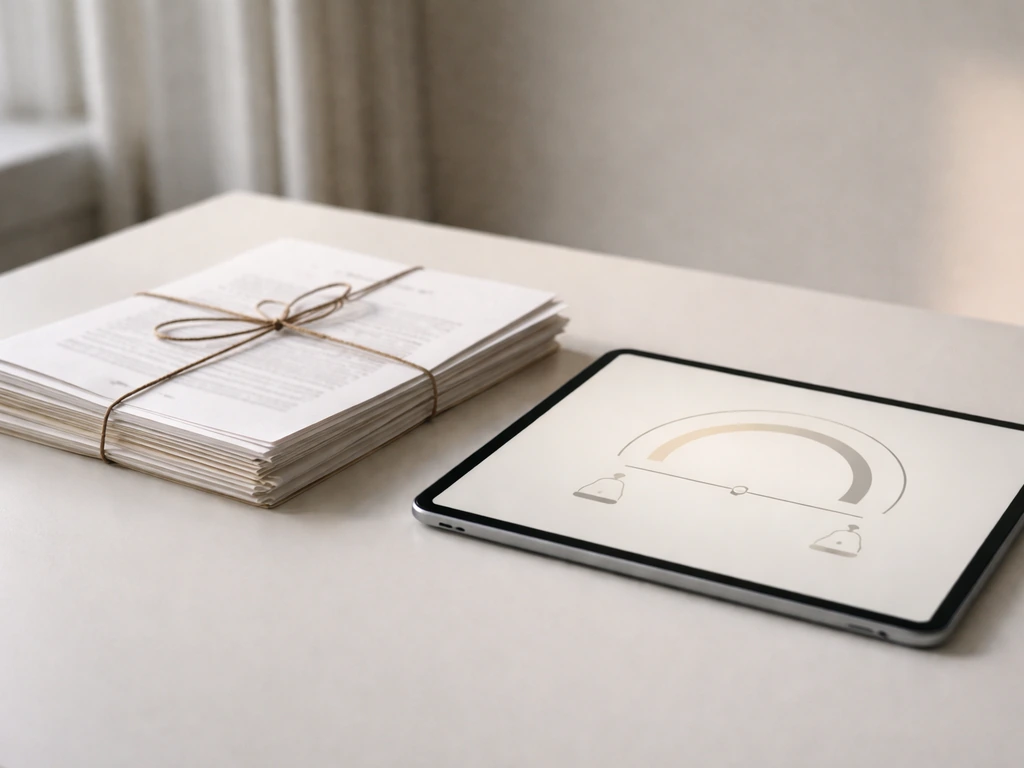 Close-up of generic ownership documents beside a tablet with abstract balance-style financial visuals.