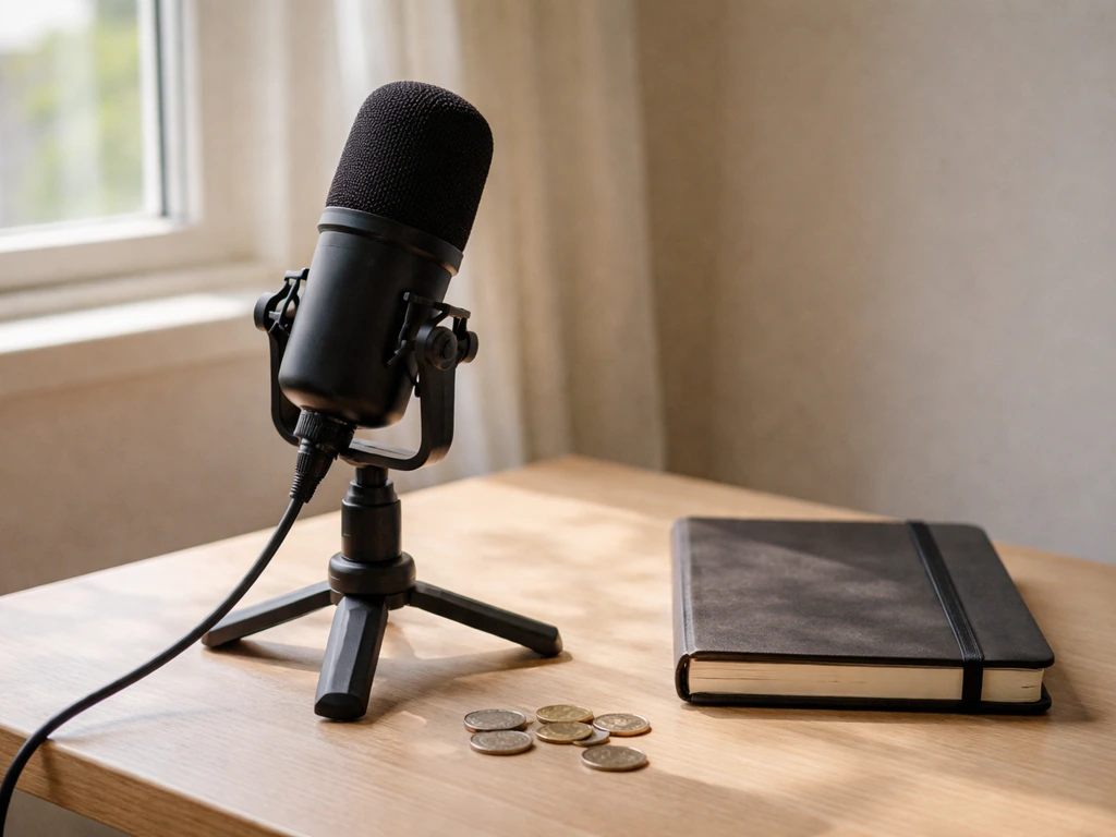 Minimal photo of a podcast mic on a tidy desk with scattered coins, suggesting estimated earnings