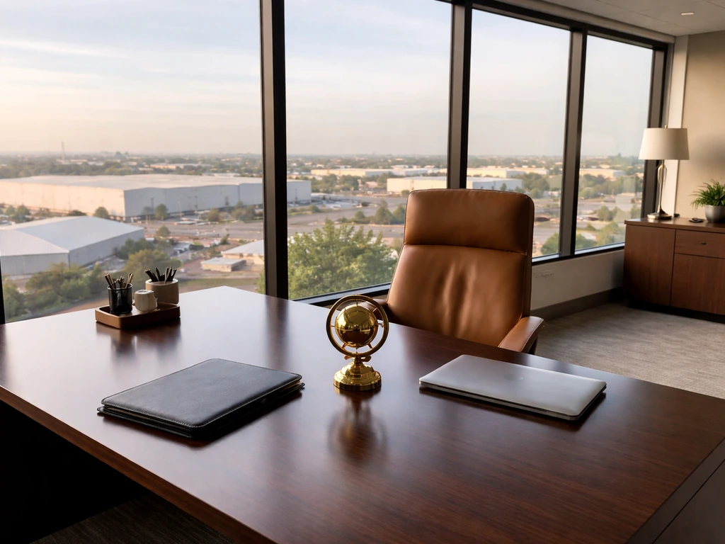 Minimal executive office overlooking industrial buildings, symbolizing corporate leadership in real estate.