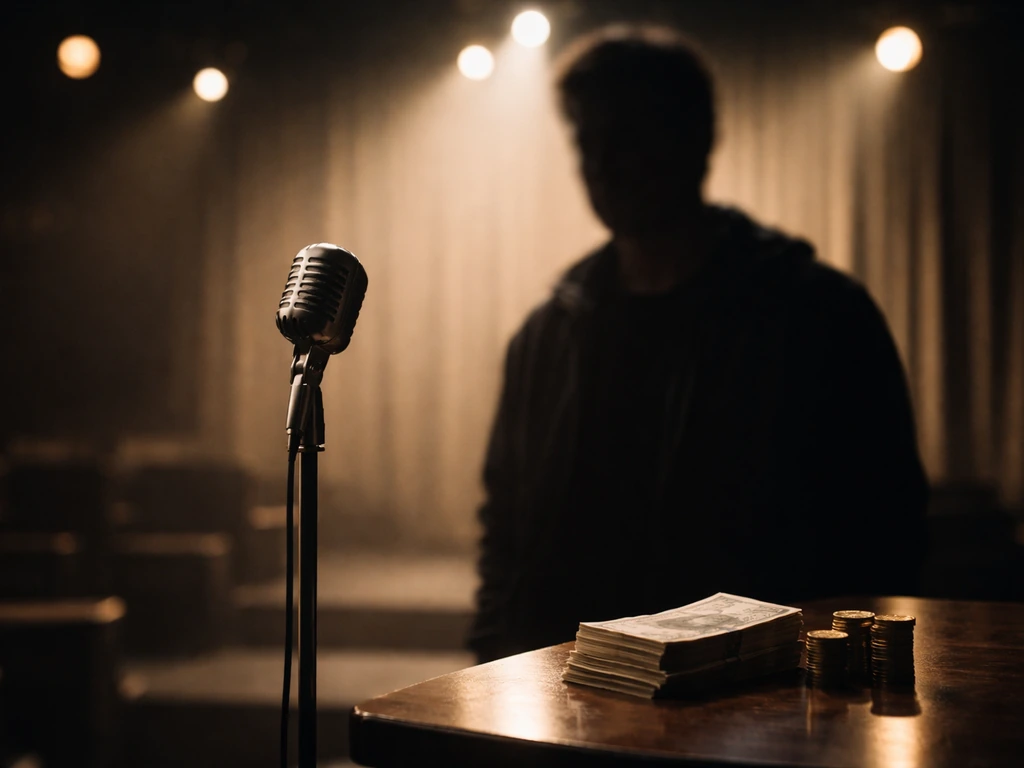 Anonymous comedian-like figure in a dim studio with a microphone and soft cash-toned reflections