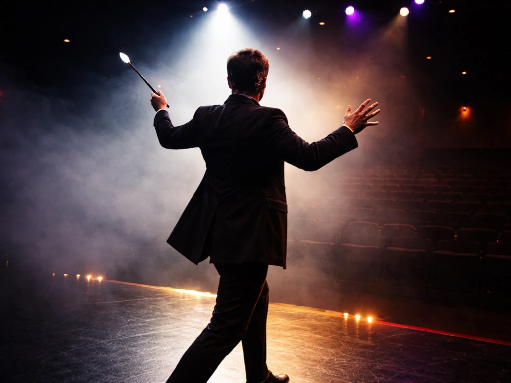 Anonymous stage illusionist in a dramatic pose under colorful lights in a small theater