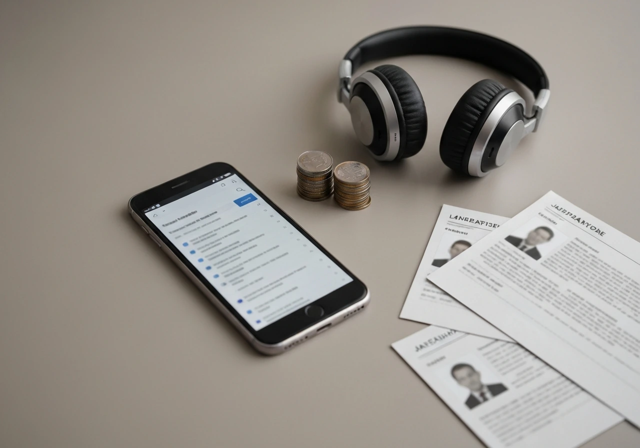 Desk with blurred phone search results and obscured identity documents, with coins to suggest net worth research.