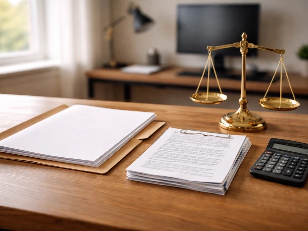 Minimal business desk with blank documents, a balance scale, and a calculator symbolizing net-worth verification