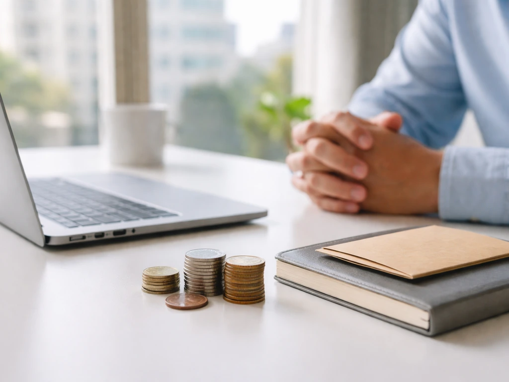 Minimal office scene with a laptop and currency-themed objects symbolizing financial research and net worth.