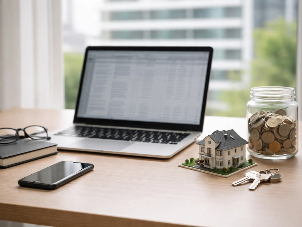 Minimal real estate investor desk scene with coins, keys, and an architectural model by a window.