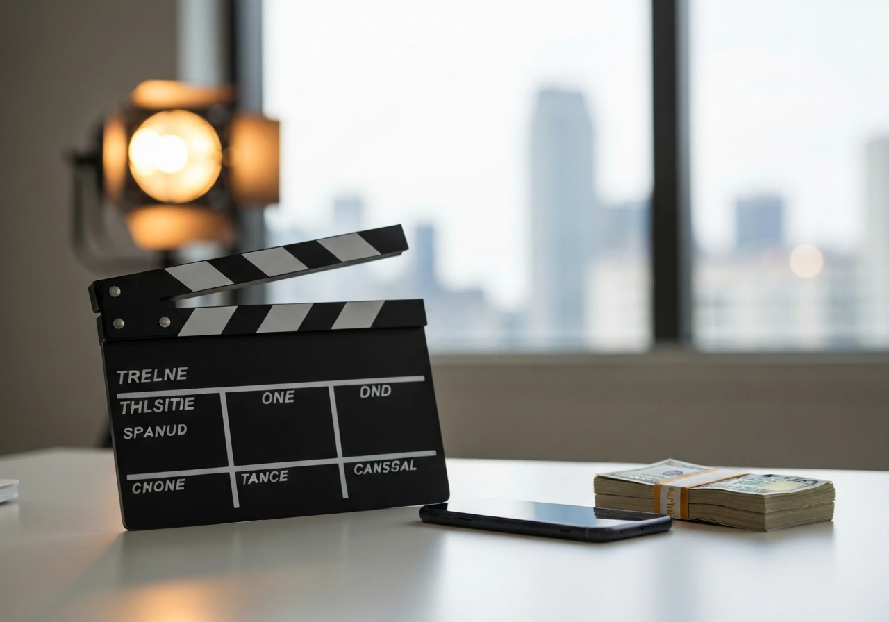 Minimal media-office scene with a film clapperboard and cash symbolizing entertainment finance, no people