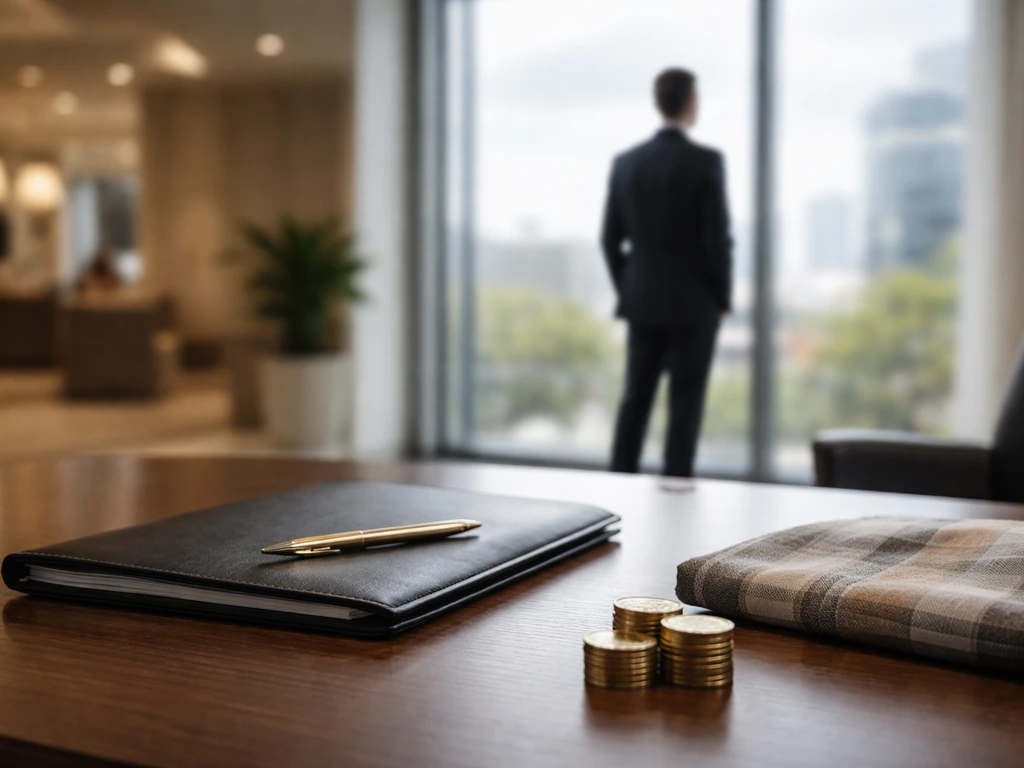 Desk with gold coins and an anonymous executive silhouette by a window in a South African corporate office