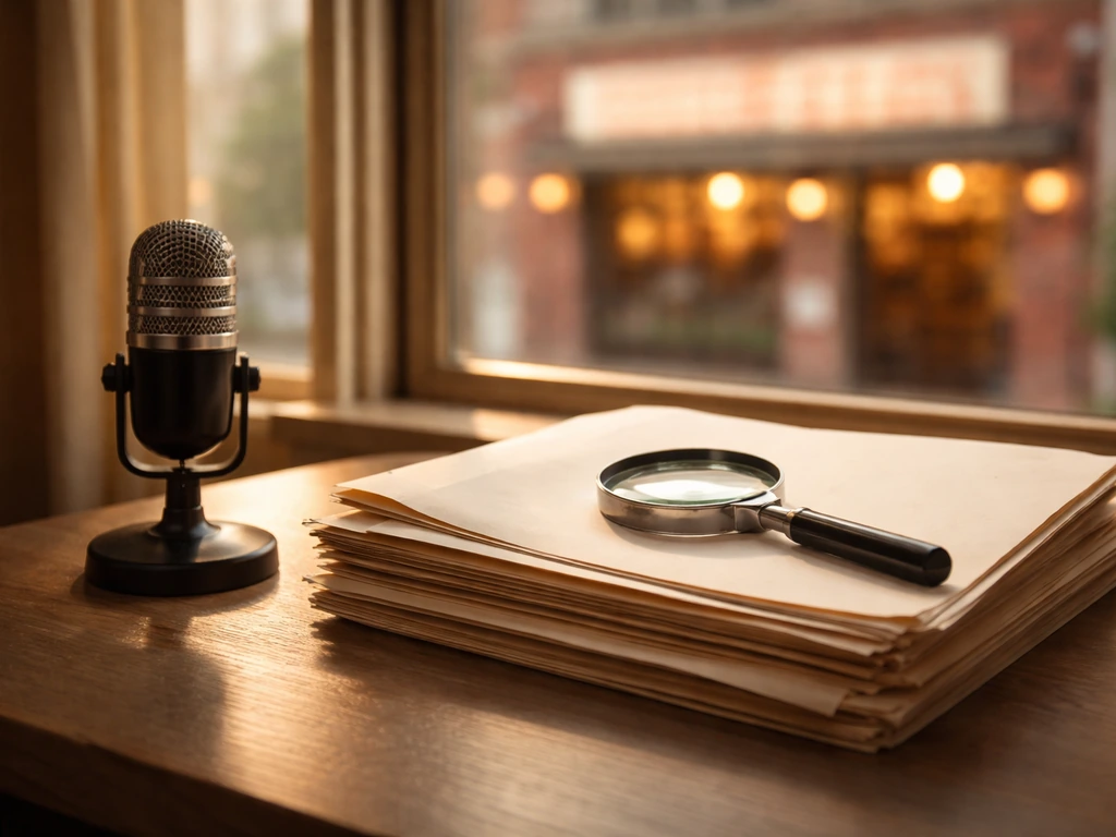 Magnifying glass over folders on a desk with a blurred brick storefront in the background.